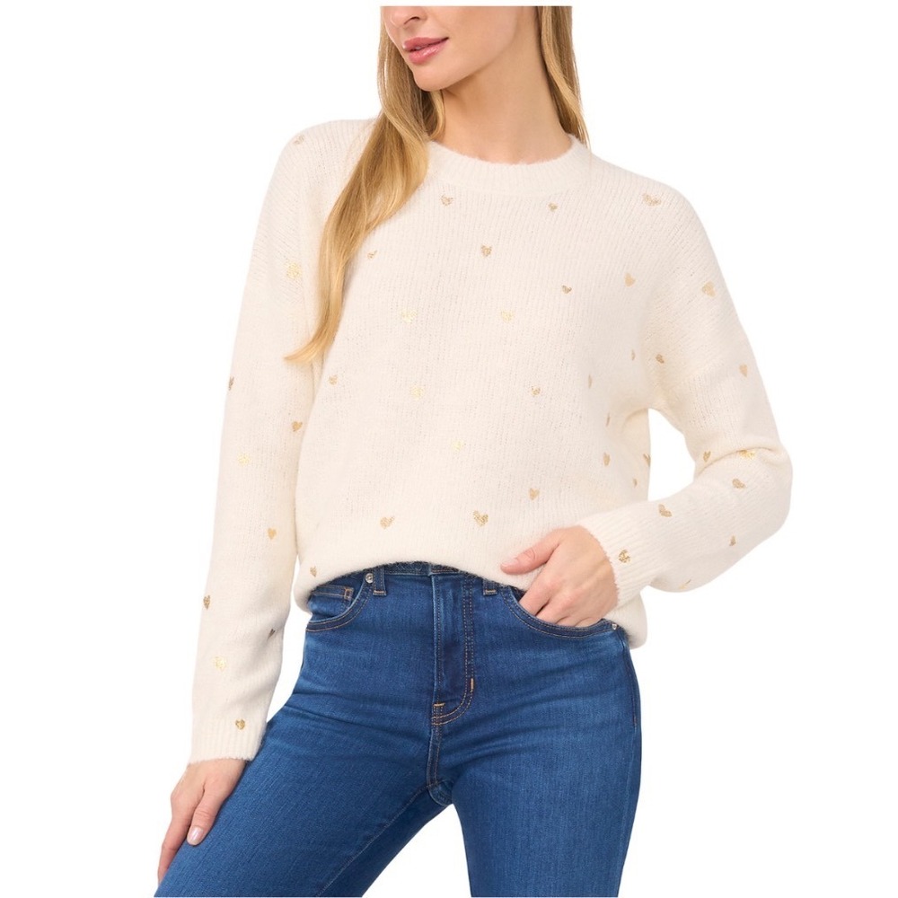 CeCe Women Coconut Cream Gold Foil Heart Crewneck Sweater 7064211 Large NEW